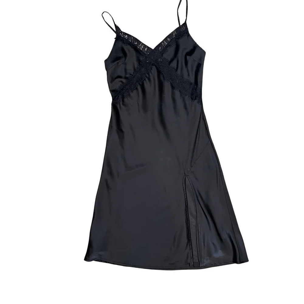 Lulus Black Satin Lace Trim Midi Slip Dress Feminine Adjustable Straps Womens M